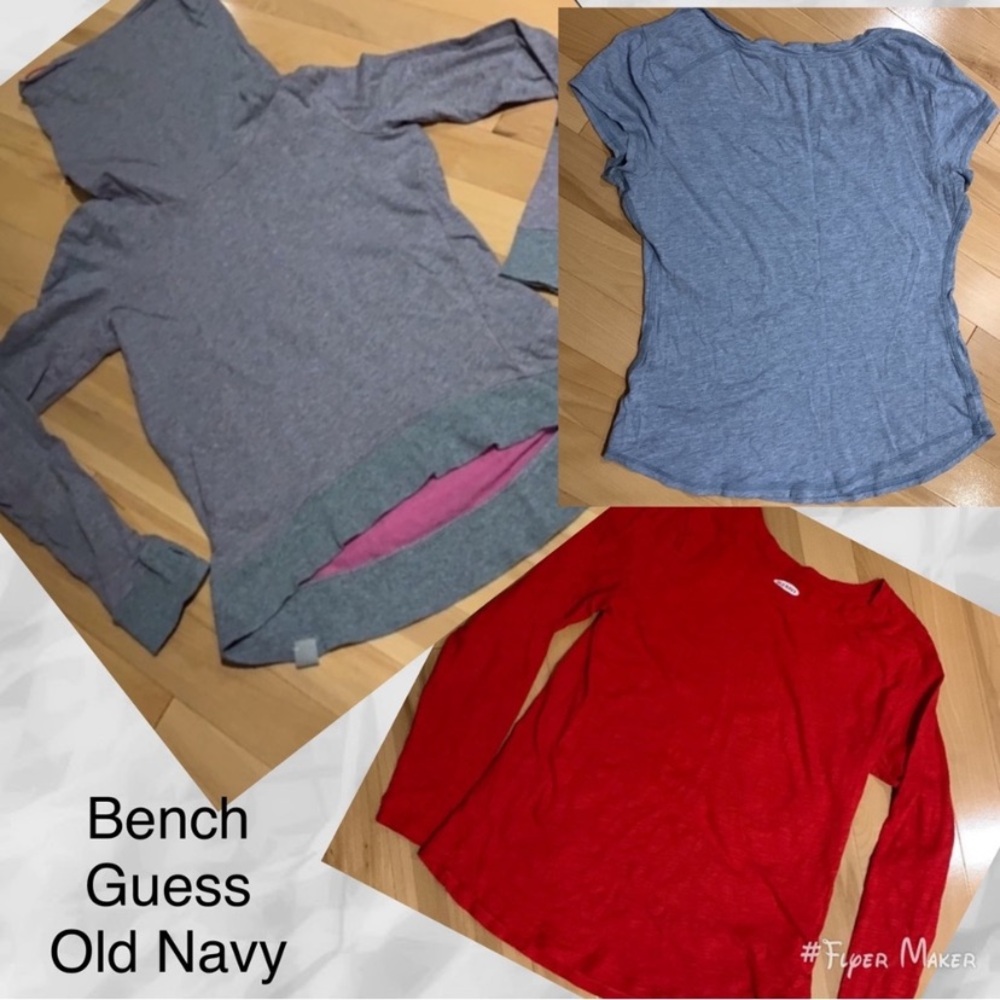 3 tops-BENCH Grey/Pink Cowl Neck Long Sleeve Sweatshirt/Red tee/Blue tee-size XS